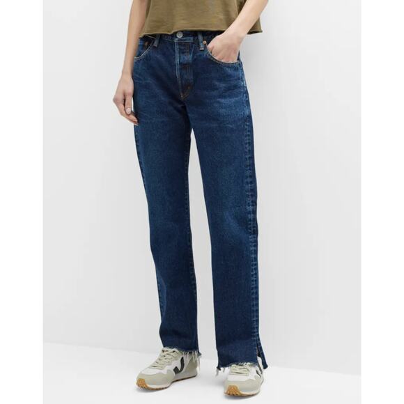 Moussy Vintage Inkster Straight Dark Wash Slit Fray Hem Jeans Size 30